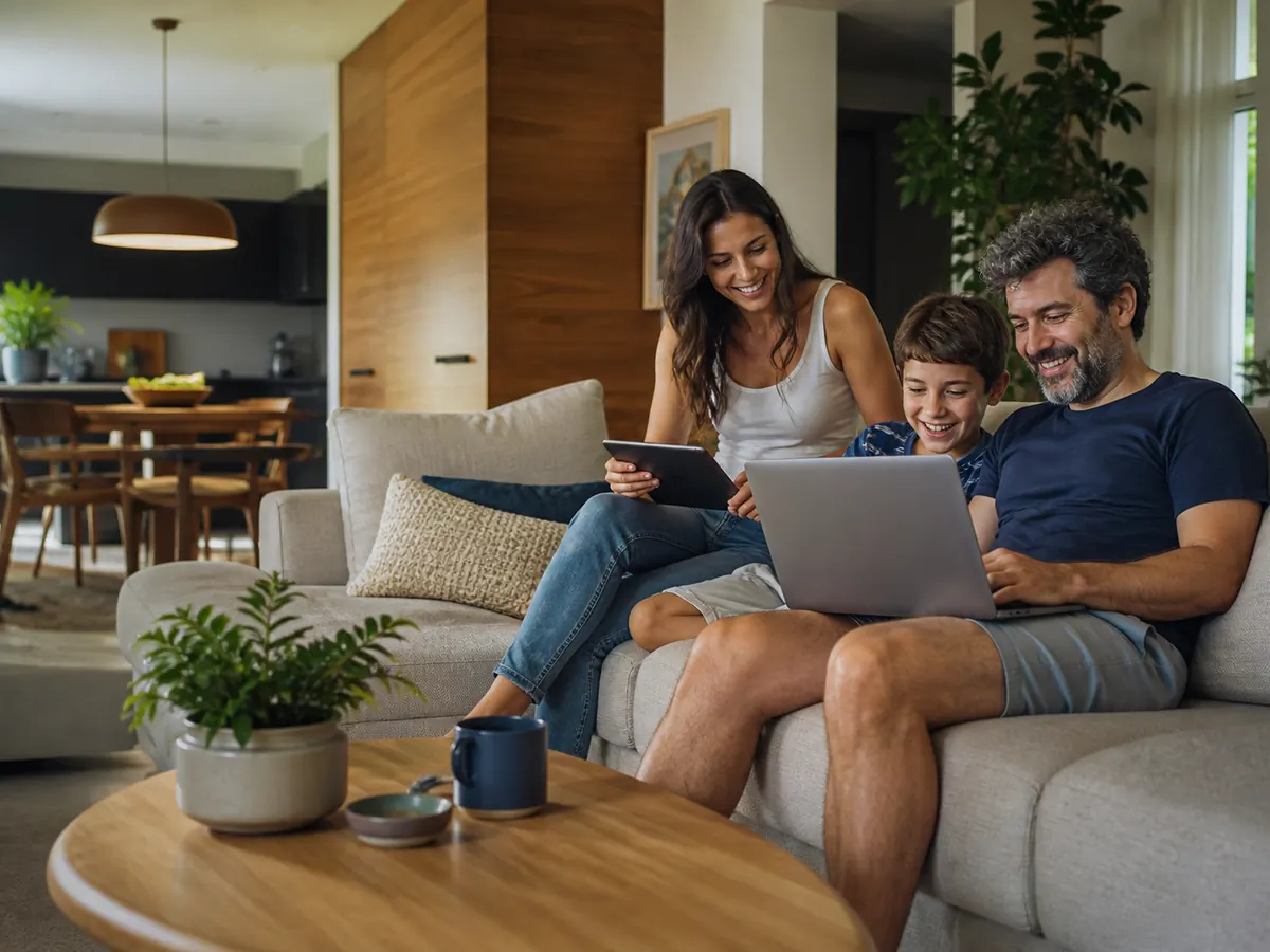 Família usando dispositivos conectados em casa